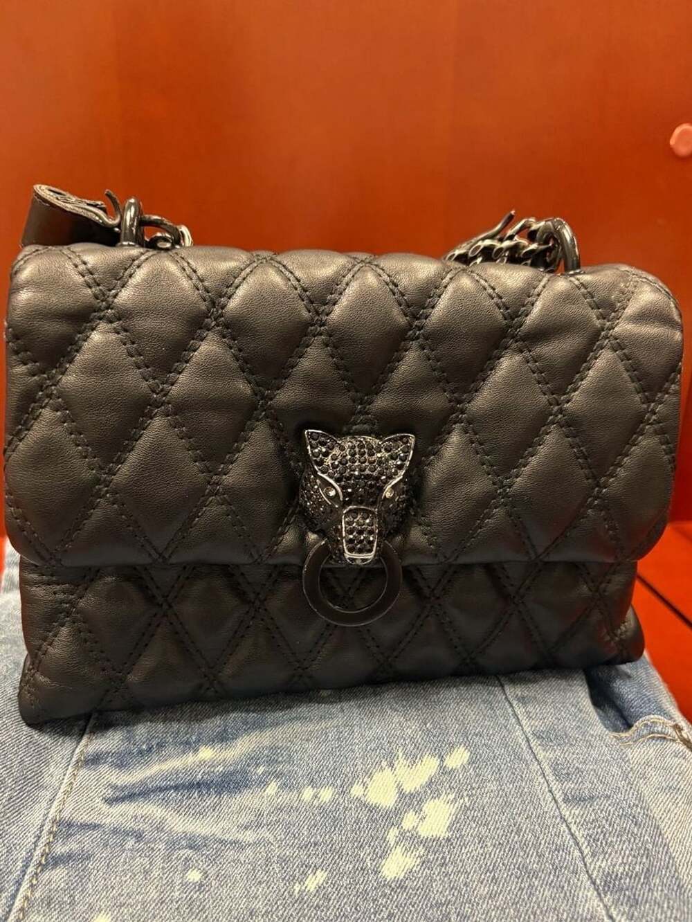 Aldo Quilted Handbag Black Panther Rhinestone Closure